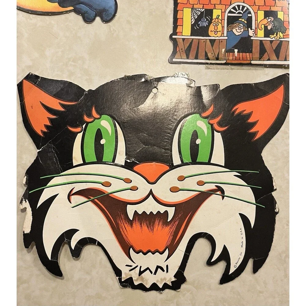 Vtg Beistle Halloween Decorations Die Cut Punch Out Ghosts Cat Jack-o-lantern